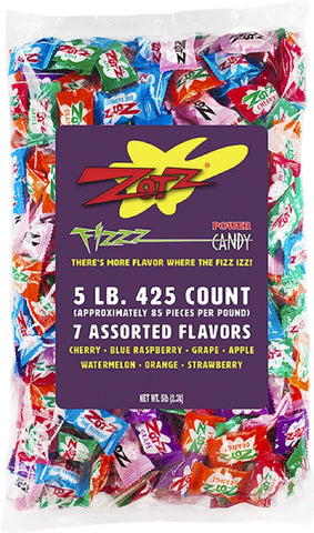 ZOTZ Fizzy Sour Candy Bulk - Retro Italian Hard Candy Individually Wrapped - Classic Nostalgic 7 Assorted Flavors Cherry, Watermelon, Strawberry, Blue Raspberry, Apple, Orange & Grape - 425 Pieces Bag for Party Favors, Goodie Bags, Piñata & Candy Buffet