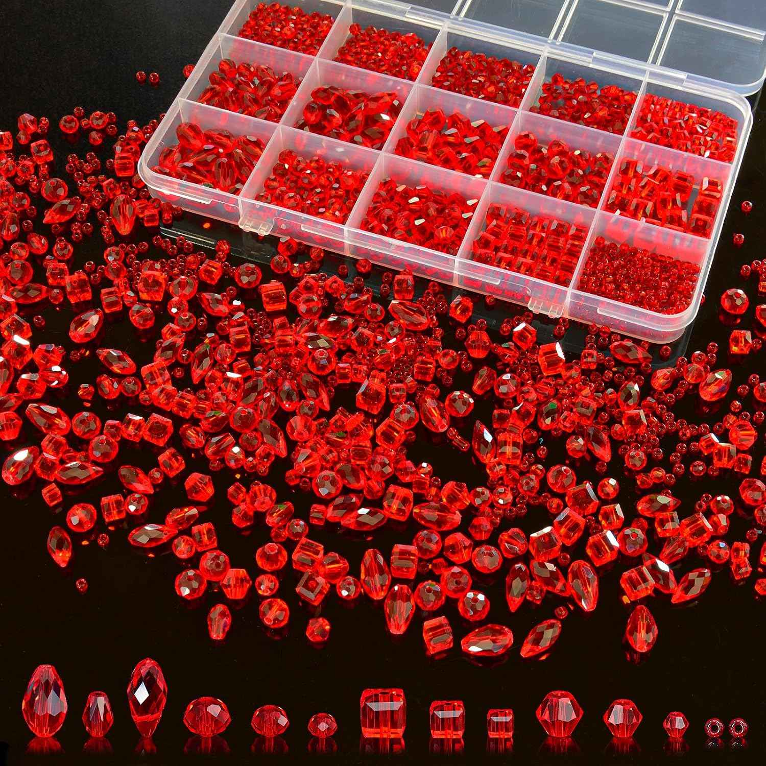 1500 Pcs Crystal Glass Beads for Jewelry Making – 12 Styles Bicone, Rondelle, Cube, Teardrop & 3mm Spacer Beads, DIY Bracelet Necklace Earring Craft Kit with Organizer Box(Red)