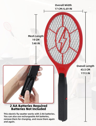 Electric Fly Swatter 2 Pack (Red & Blue), Battery Powered Bug Zapper Racket for Mosquitoes & Flies, Safe Protective Mesh, Indoor & Outdoor Use, Batteries Not Included
