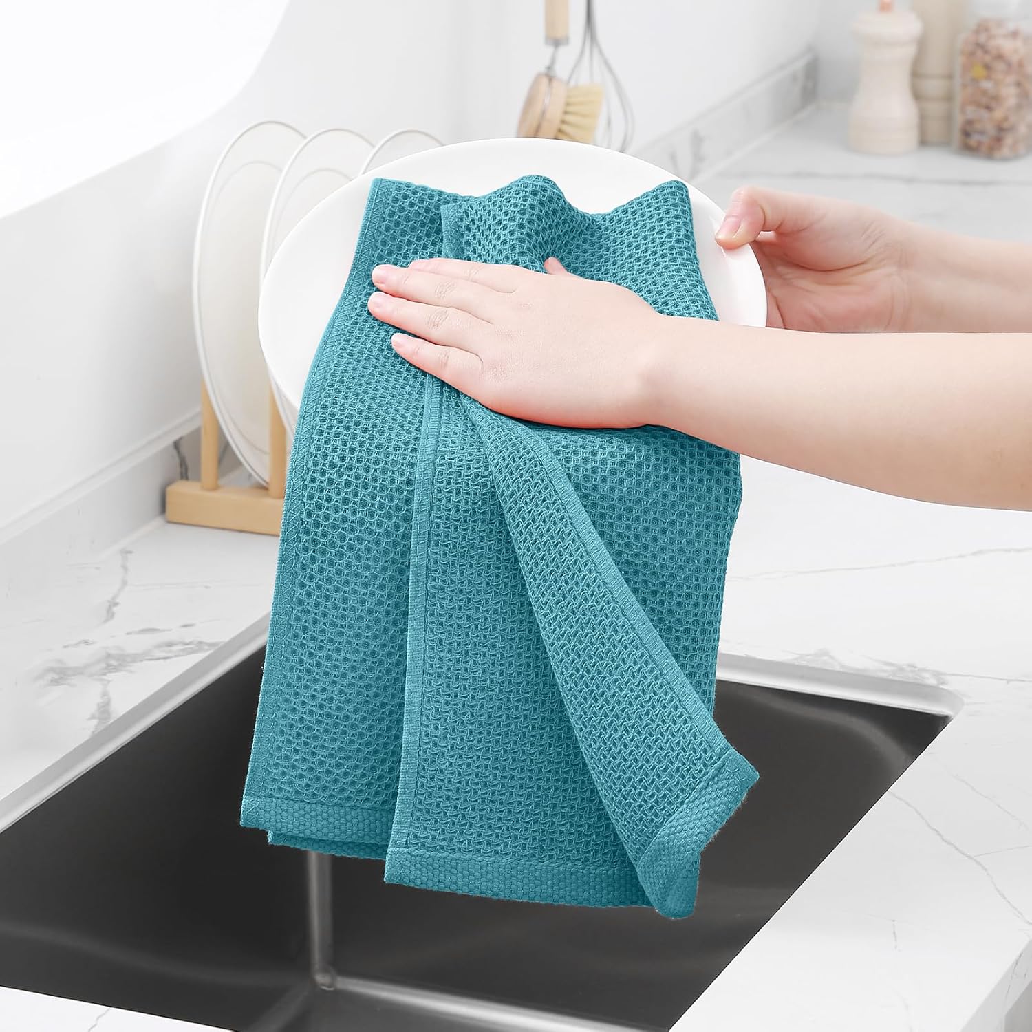 Homaxy 100% Cotton Waffle Weave Kitchen Dish Towels 6-Pack, Lake Blue