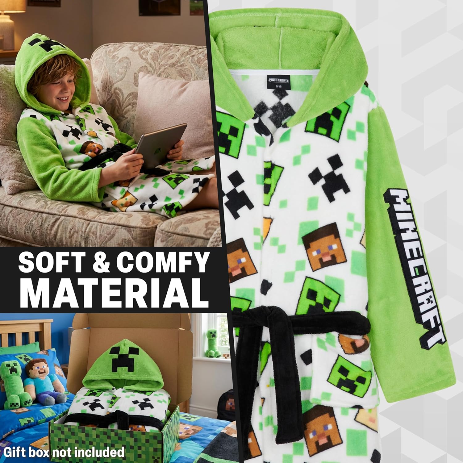 Get Trend Minecraft Robe for Boys Teens, Hooded Dressing Gown, Creeper Loungewear Cozy Robes, Gamer Gifts for Boys