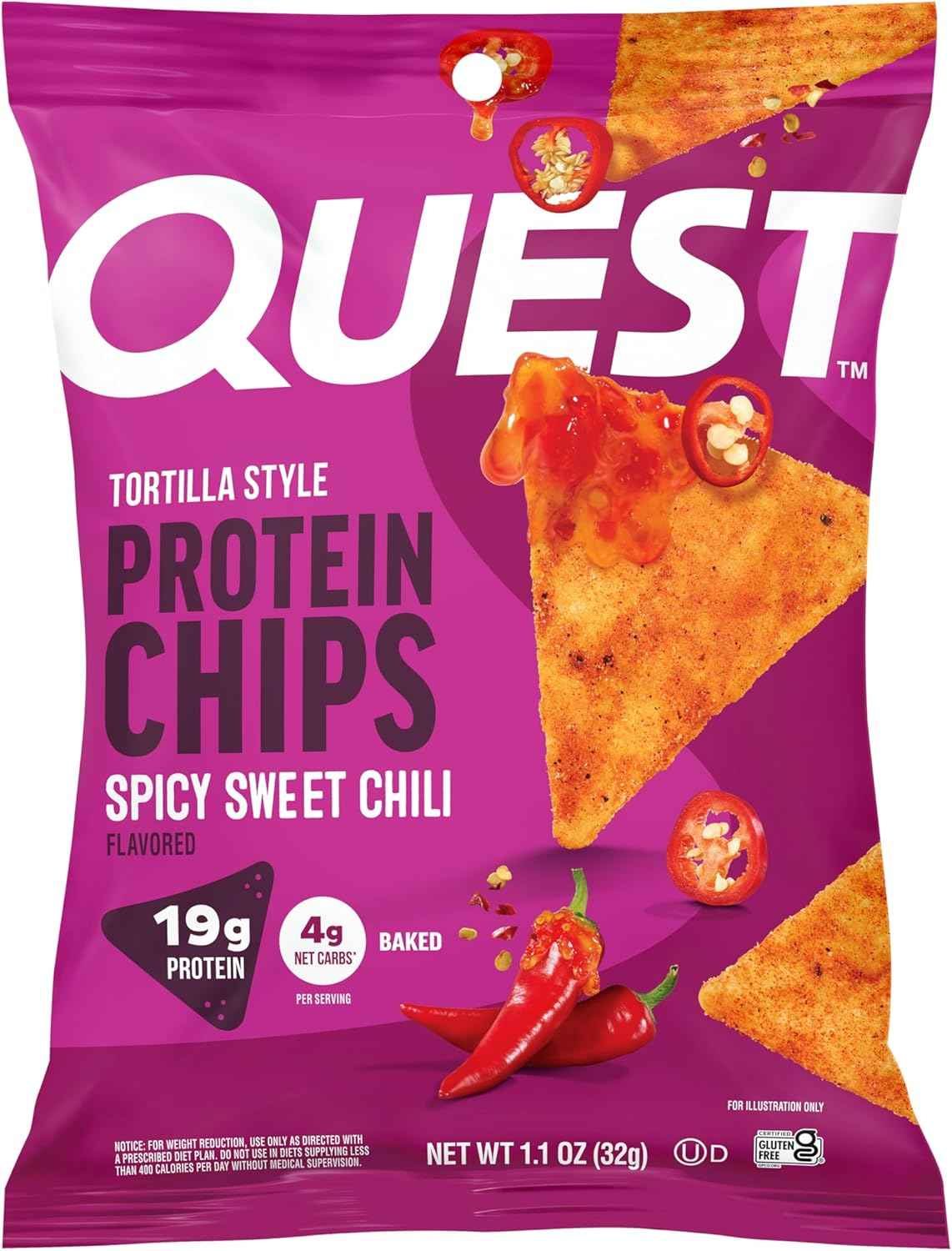 Quest Nutrition Spicy Sweet Chili Tortilla Style Protein Chips, 12 Count | 19g Protein, 4g Net Carbs, Gluten Free, Baked Chips, Blend of Spicy and Sweet Flavors, Individually Wrapped 1.1oz Bags