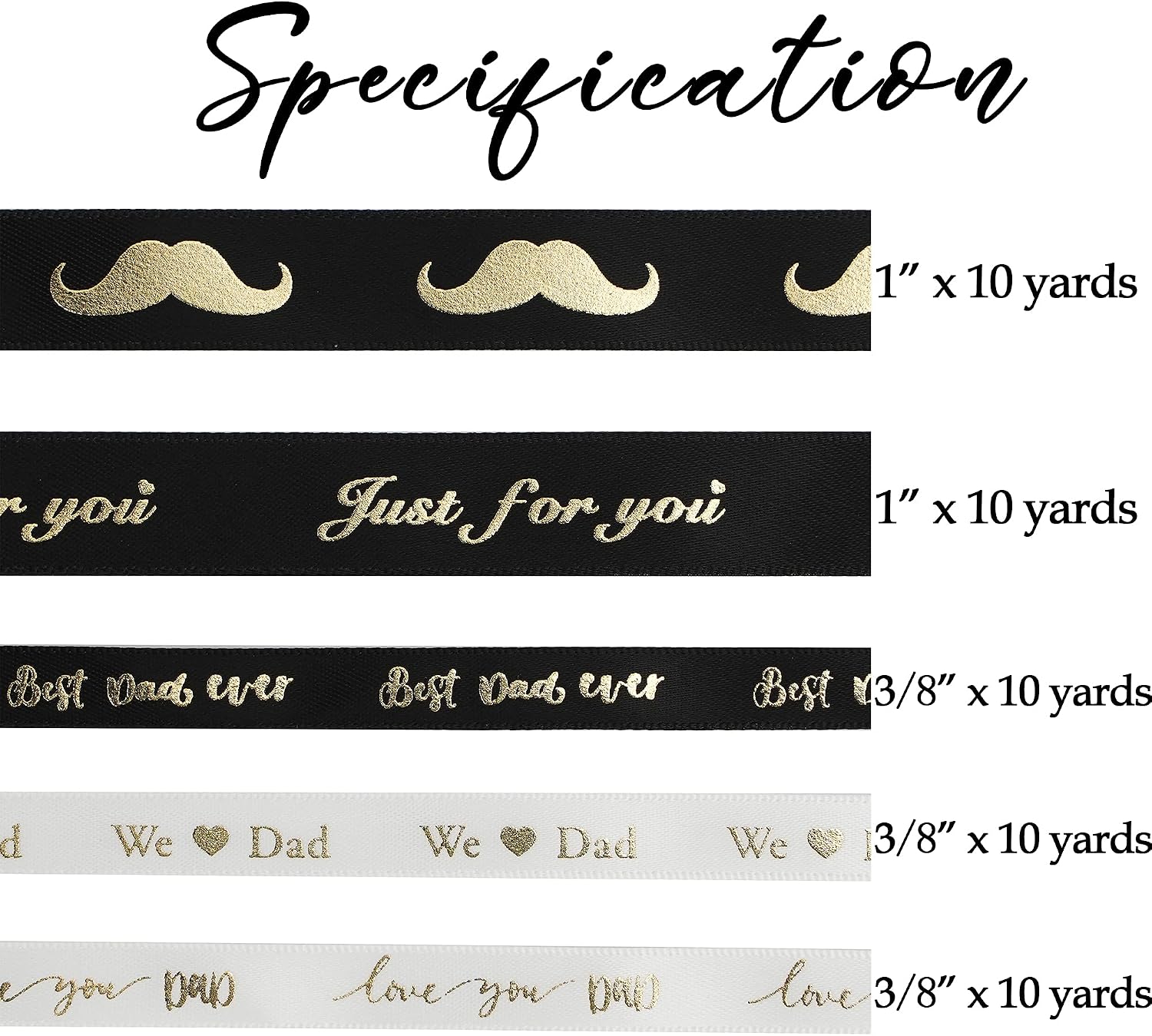 MEEDEE Happy Father's Day Ribbon Fathers Day Decorations Gift Box Wrapping Paper Decor Thank You Satin Thin Ribbon Assorted Black Satin, 5 Rolls with 10 Yards Each Total 50 Yards