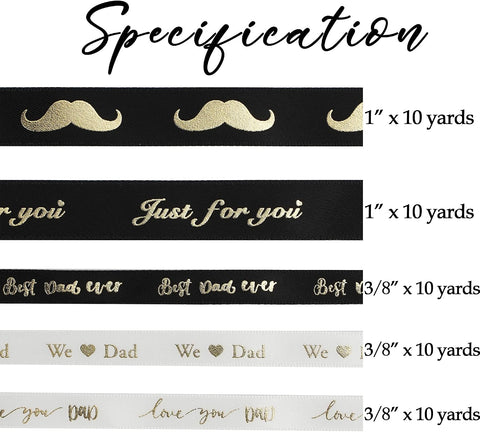 MEEDEE Happy Father's Day Ribbon Fathers Day Decorations Gift Box Wrapping Paper Decor Thank You Satin Thin Ribbon Assorted Black Satin, 5 Rolls with 10 Yards Each Total 50 Yards