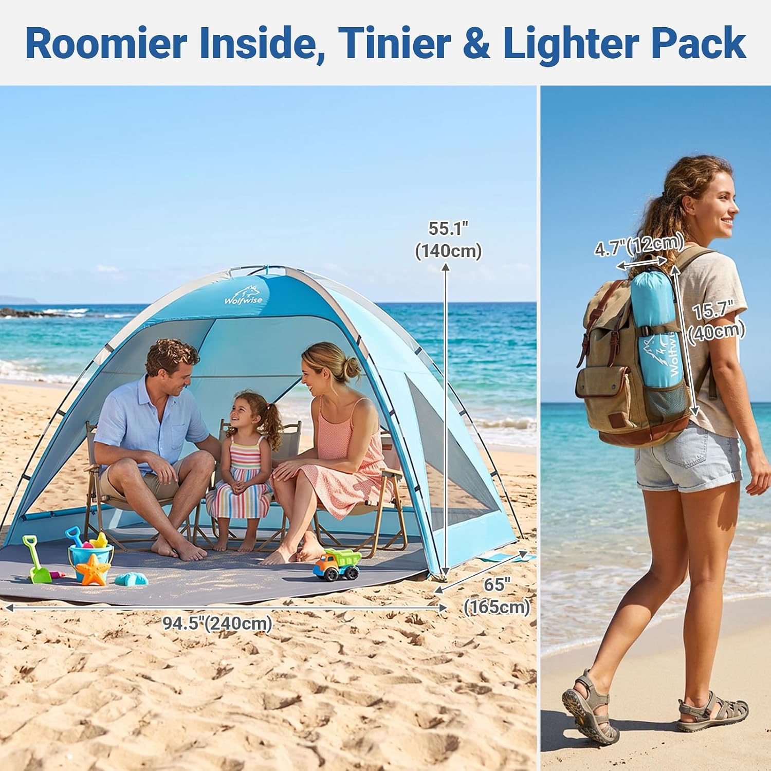 Wolfwise Beach Tent Sun Shelter Portable, Large 3-4 Person Sunshade Cabana
