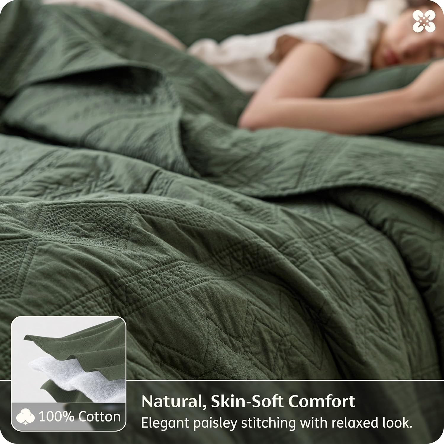 Bedsure PureWoven 100% Cotton Quilt Set, King Bedspread, Olive Green