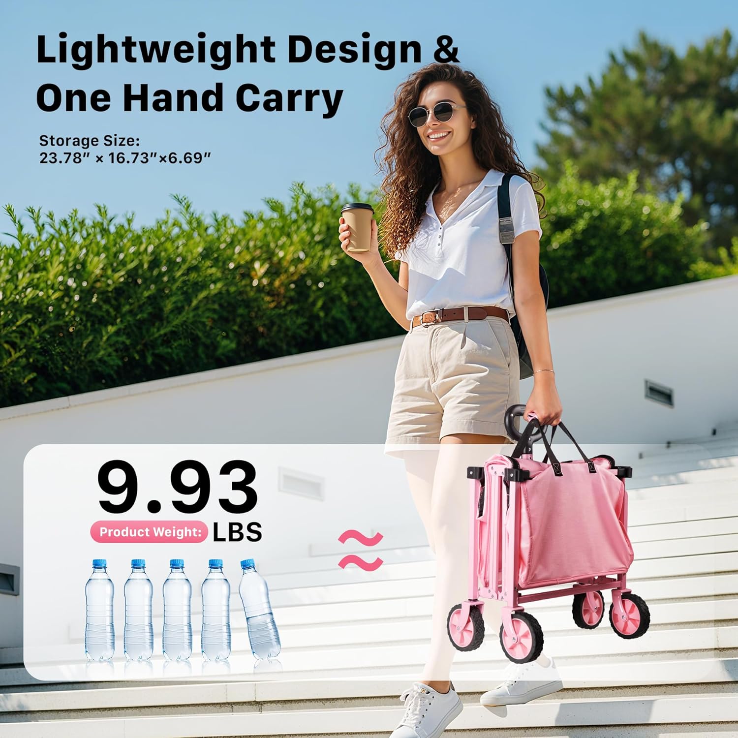 29.3" Collapsible Wagon Cart, 150L Heavy Duty Folding Utility Wagon with Wheels, 260 lbs Load, Portable Rolling Cart for Garden, Shopping, Sports, Camping, Pink