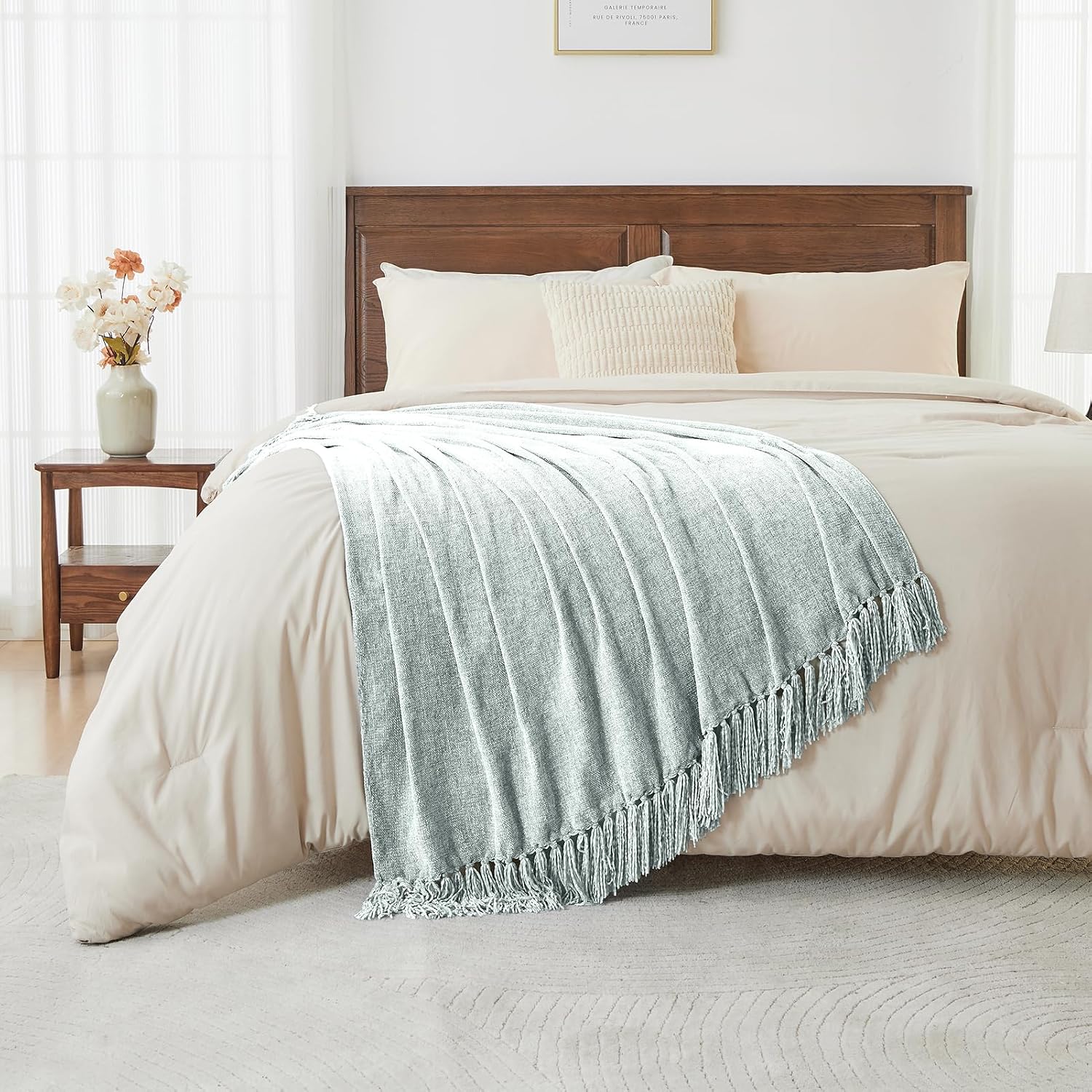CozeCube Chenille Throw Blanket, Baby Blue Fringe Blanket, 60"X80"