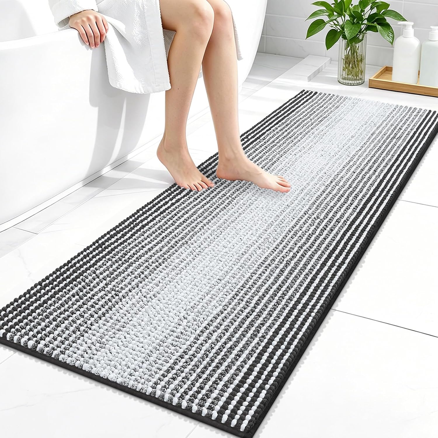 OLANLY Bathroom Runner Rugs 47x20, Chenille Striped Bath Rugs, Dark Grey