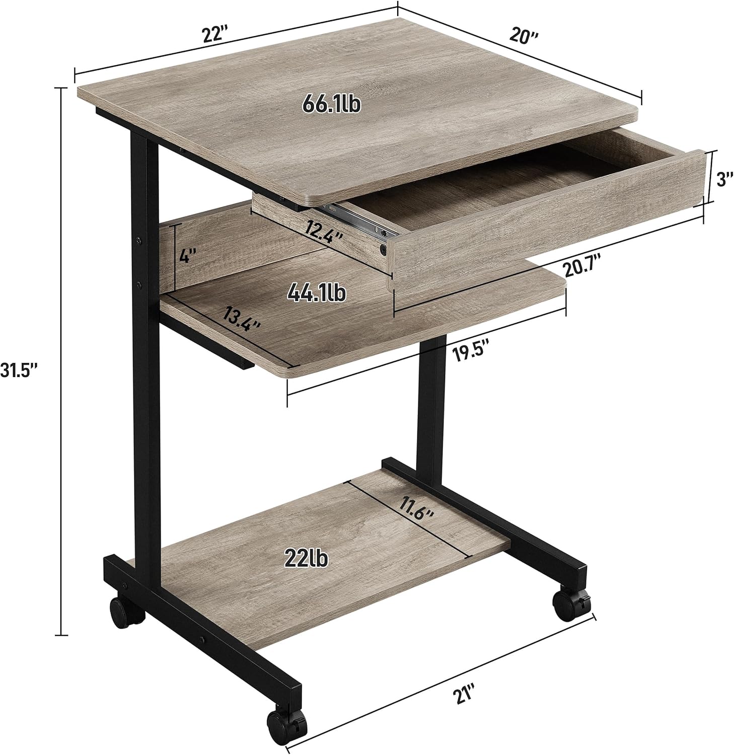Topeakmart Gray Art Deco Desk, Rolling Computer Desk Cart with Drawer, Small Space Solution for Writing, Laptop, PC, 22 x 20.1 x 31.5 inches