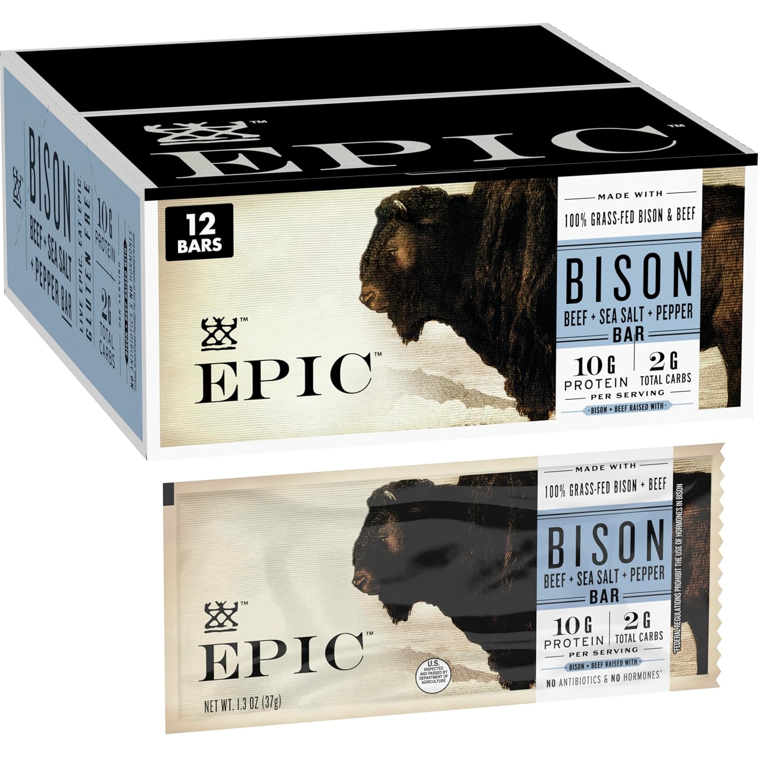 EPIC Provisions Bison Beef Sea Salt & Pepper Bars, Gluten-Free, 12 ct | 100% Grass-Fed Bison & Beef Blend, Paleo Friendly, 10g Protein & 2g Carbs per Bar, Low Sugar