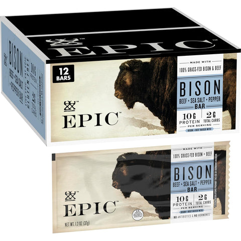 EPIC Provisions Bison Beef Sea Salt & Pepper Bars, Gluten-Free, 12 ct | 100% Grass-Fed Bison & Beef Blend, Paleo Friendly, 10g Protein & 2g Carbs per Bar, Low Sugar