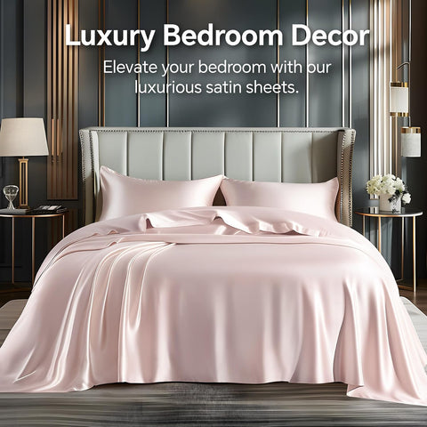 BEDELITE Satin Sheets Queen Size Bed Set, Pink, 4 Pieces