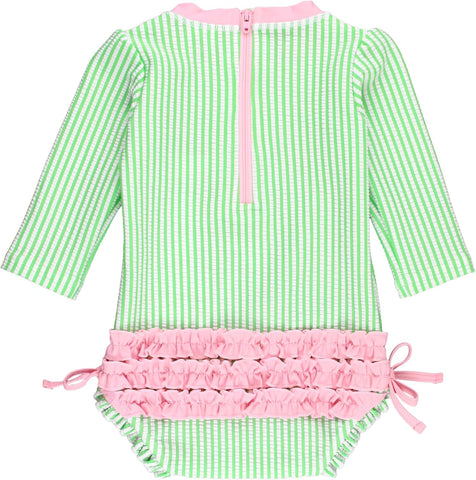 RuffleButts Baby Girls Seersucker Rash Guard - One Piece Swimsuit UPF 50+