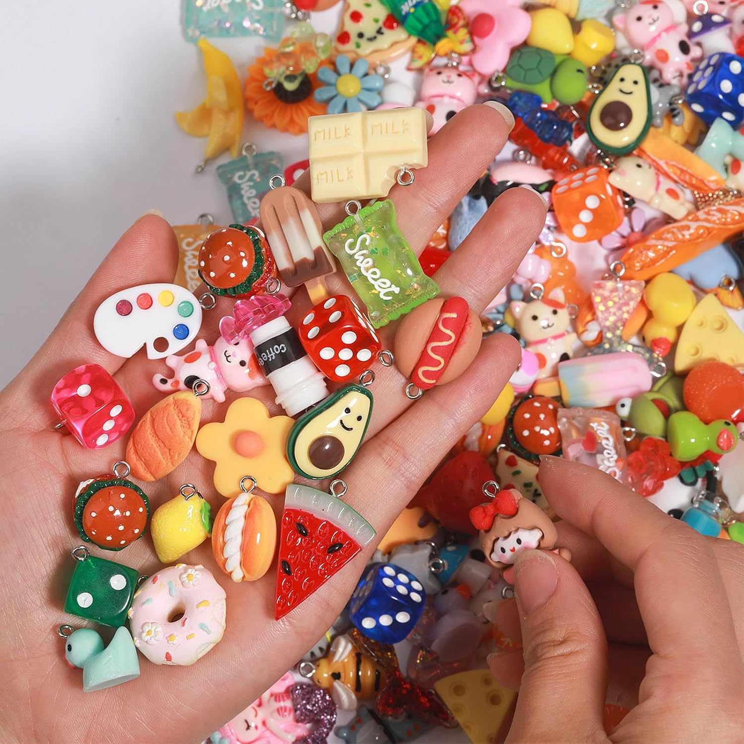 MGGFBLEY Assorted Resin Charms for DIY Bracelet & Keychain Making – Mini Candy, Bear, Fruit & Animal Style Charms for Crafts