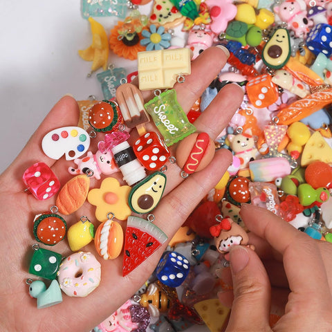 MGGFBLEY Assorted Resin Charms for DIY Bracelet & Keychain Making – Mini Candy, Bear, Fruit & Animal Style Charms for Crafts