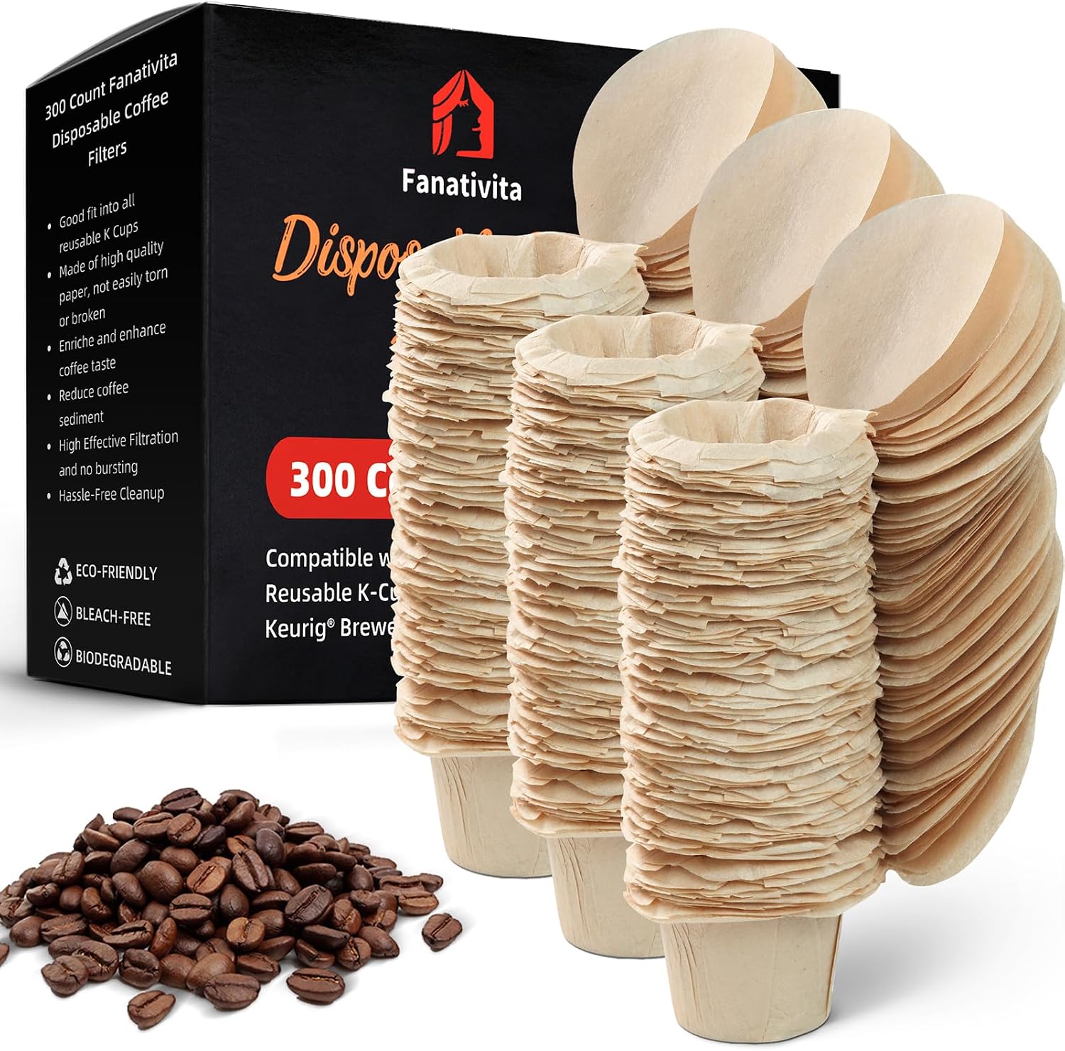 Fanativita 300ct K Cup Coffee Filters with Genius Lid, Unbleached
