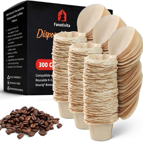 Fanativita 300ct K Cup Coffee Filters with Genius Lid, Unbleached