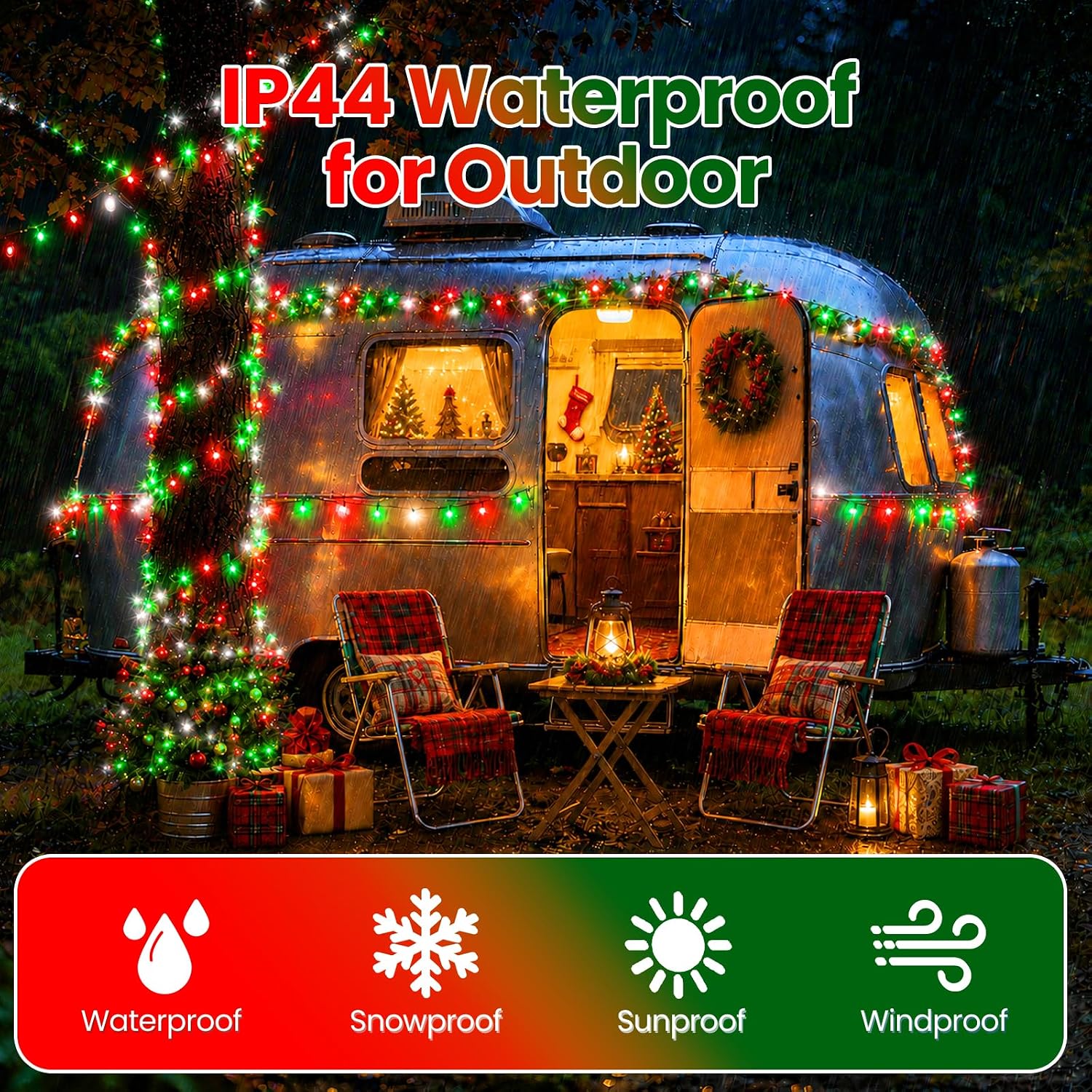 Solar Christmas Lights Outdoor Waterproof Solar Powered String Lights for Christmas Decorations, Total 100LED 45FT for Yard Pathway Garden Fence, 8 Modes 50LED x 2 Packs,Red Green White