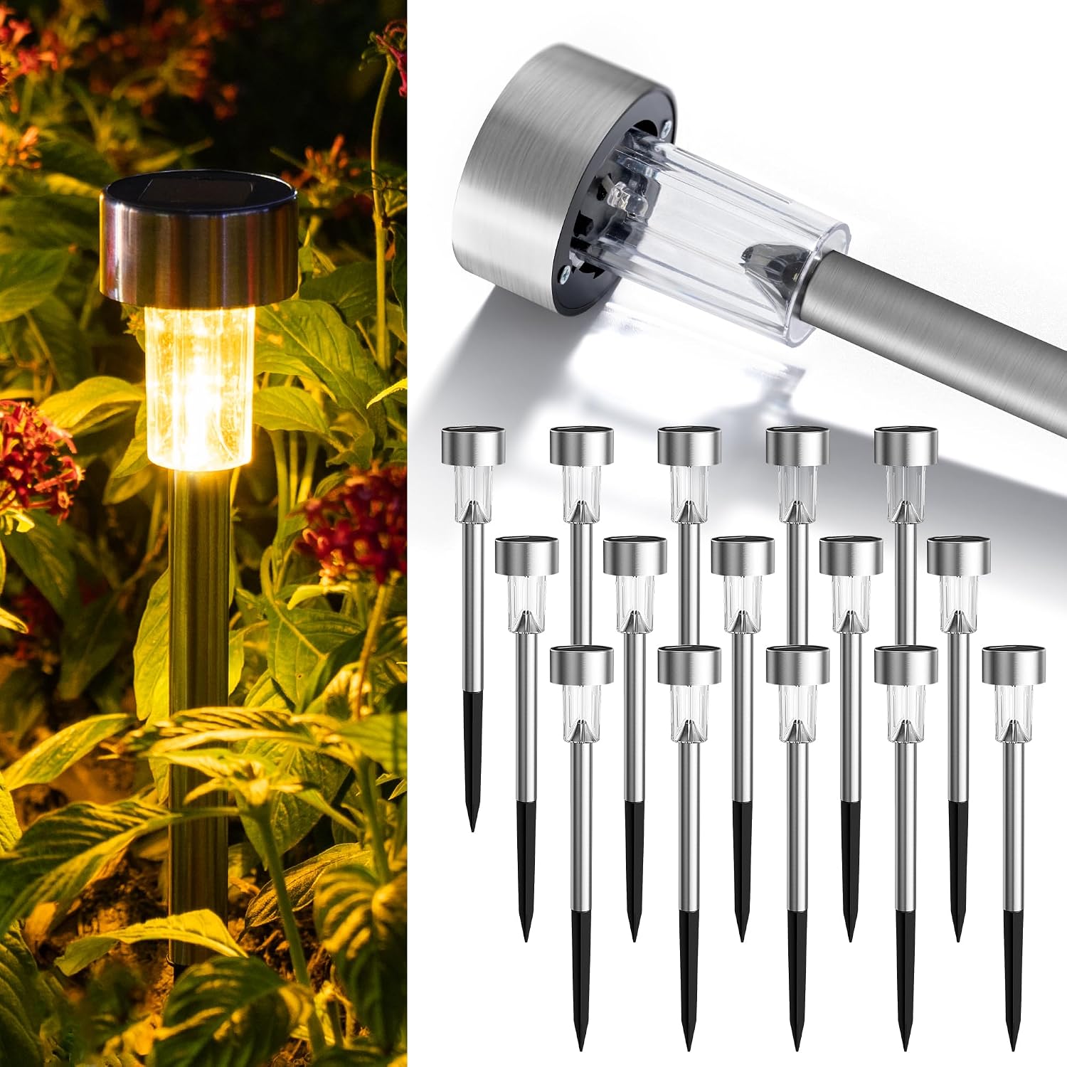 GIGALUMI 16 Pack Solar Lights Outdoor Waterproof, Stainless Steel