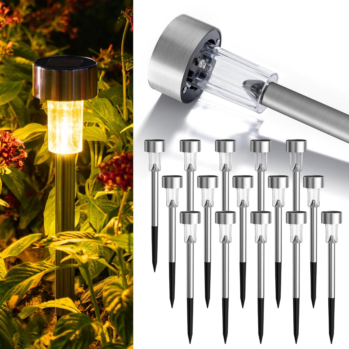 GIGALUMI 16 Pack Solar Lights Outdoor Waterproof, Stainless Steel