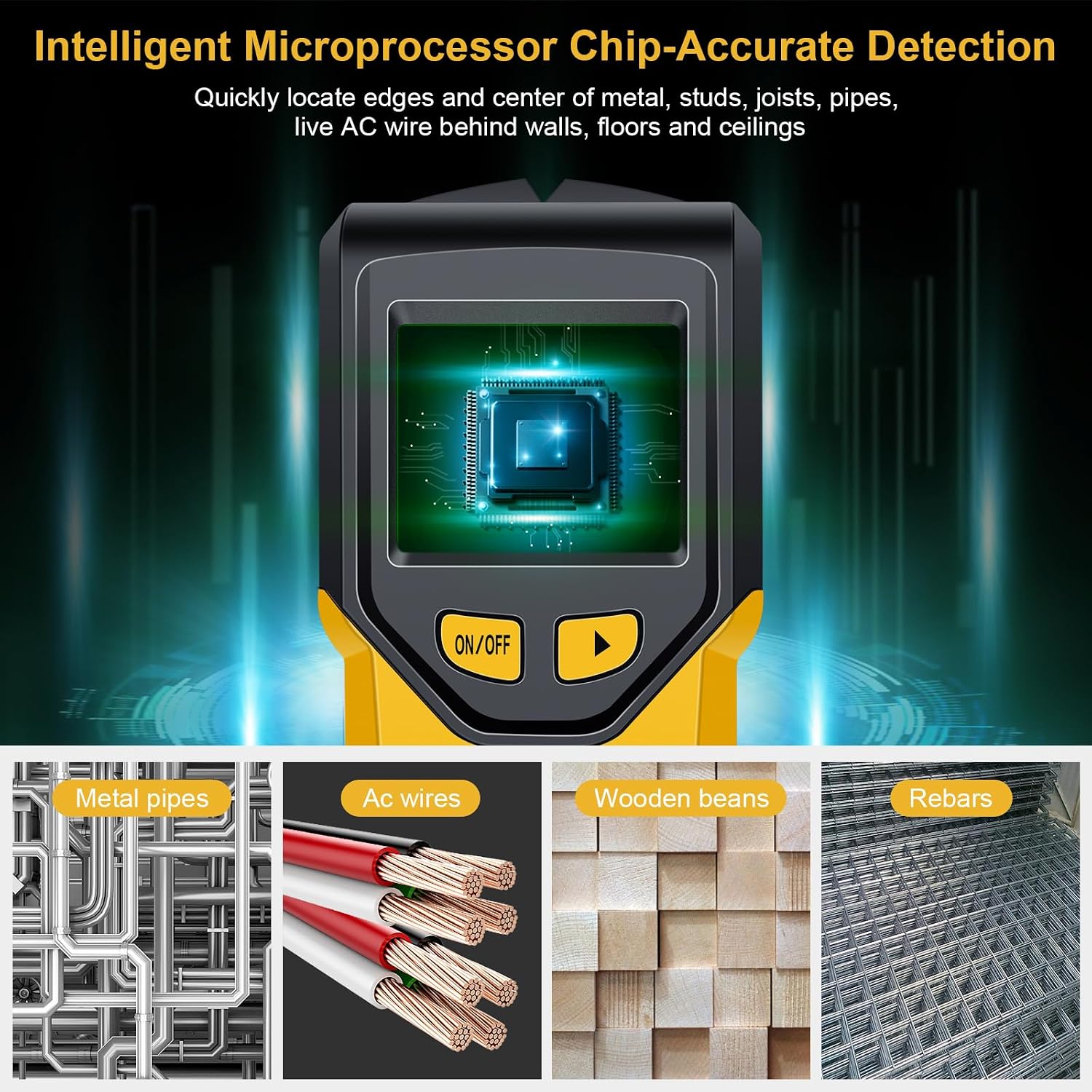 Stud Finder Wall Scanner - 5 in 1 Stud Finder Tool w/Smart Chip and HD LCD Display, Stud Detector Beam Finders for the Center and Edge of Wood AC Wire Metal Studs Joist Pipe (‎Banana)