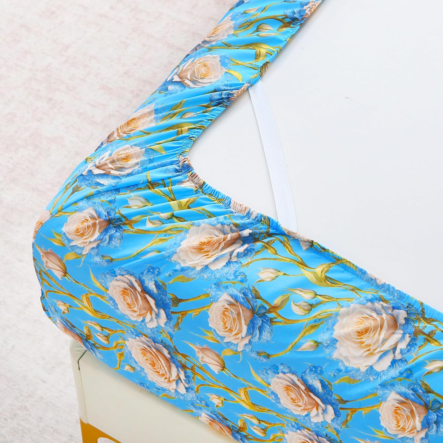 Mooreeke Cozy Floral Microfiber Printed Twin Sheet Set - Soft & Breathable 3D Rose Bed Sheets with Deep Pocket - Non-Slip Fitted Design - Blue White Rose Pattern - Queen
