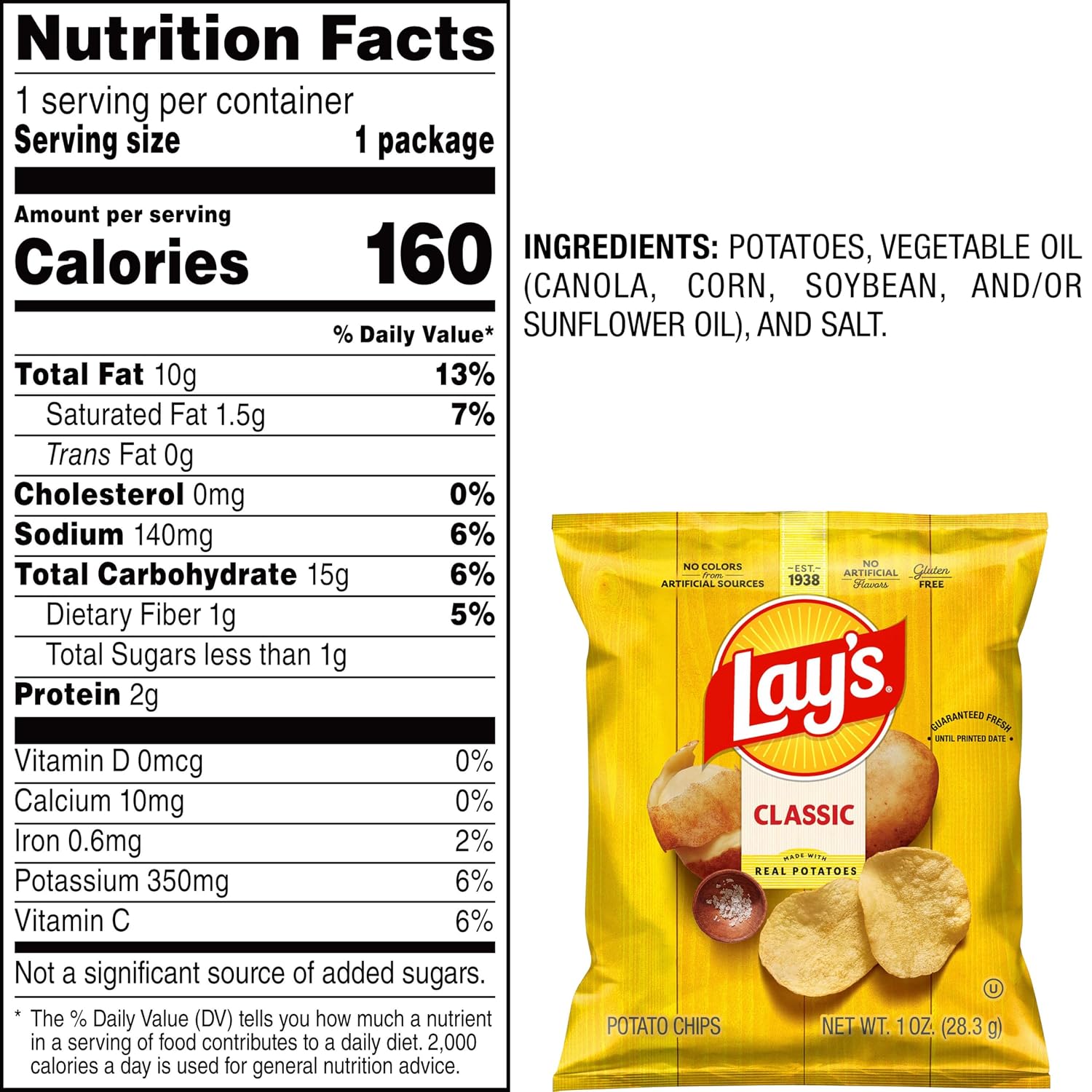 Lay's Potato Chips, Classic, 1 Ounce (Pack of 104)