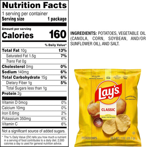 Lay's Potato Chips, Classic, 1 Ounce (Pack of 104)