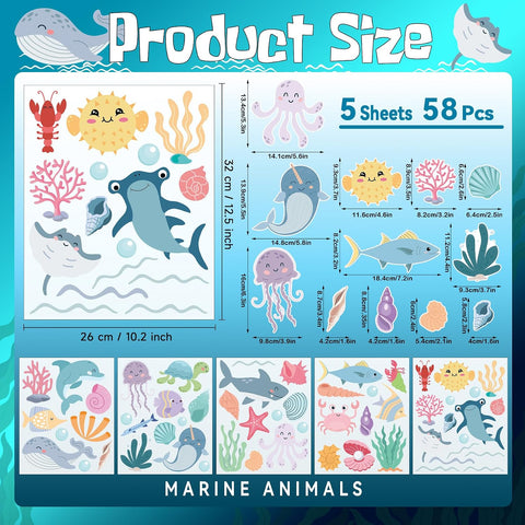 Ocean Animals Wall Decals - 5 Sheets 58 Pcs Under the Sea Theme Wall Decor Peel and Stick Ocean Wall Stickers for Home Kids Room Nursery Décor