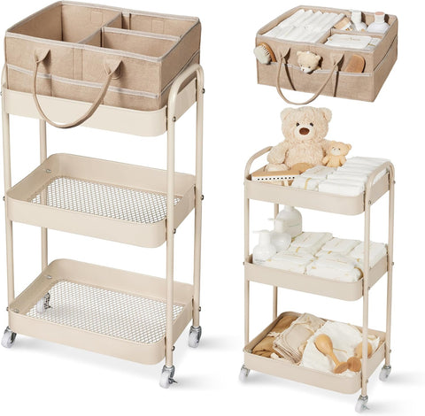 Fortella Baby Diaper Caddy, 3 Tier Rolling Cart for Baby Essentials, Taupe