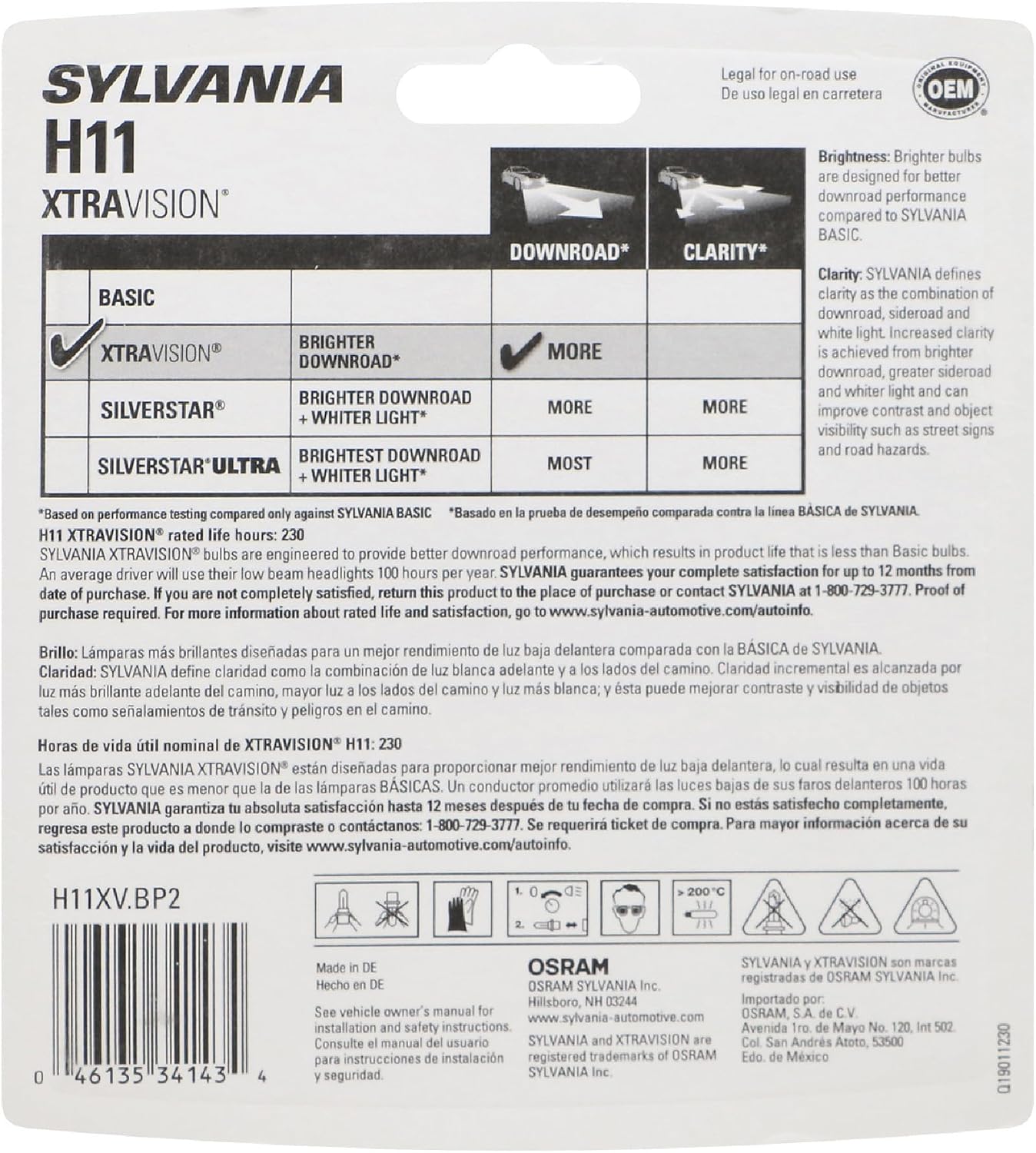 SYLVANIA H11 XtraVision Halogen Headlight Bulb, High or Low Beam, 2 Bulbs