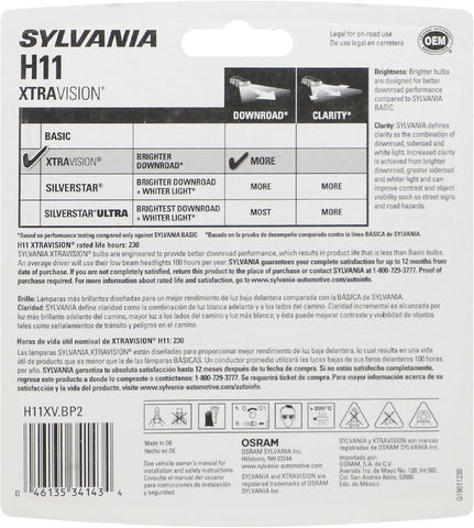 SYLVANIA H11 XtraVision Halogen Headlight Bulb, High or Low Beam, 2 Bulbs