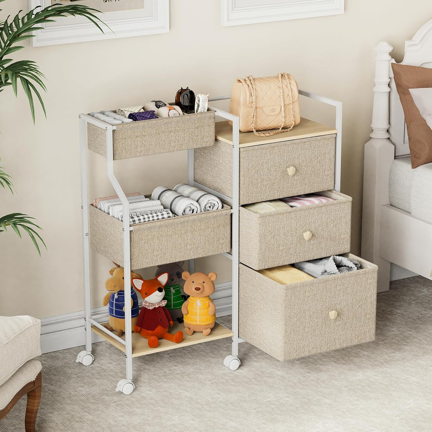 Modanais Baby Diaper Caddy Organizer Rolling Cart with Drawers, Off White