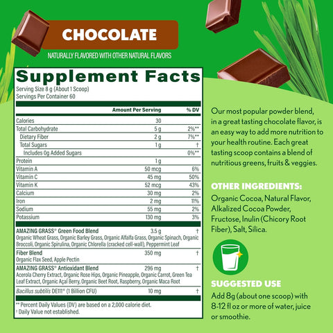 Amazing Grass Super Greens Powder Chocolate, 60 Servings, 16.9 oz | Organic Greens Superfood Powder with Spirulina, Beet Root, Probiotics & Digestive Enzymes to Support Digestion