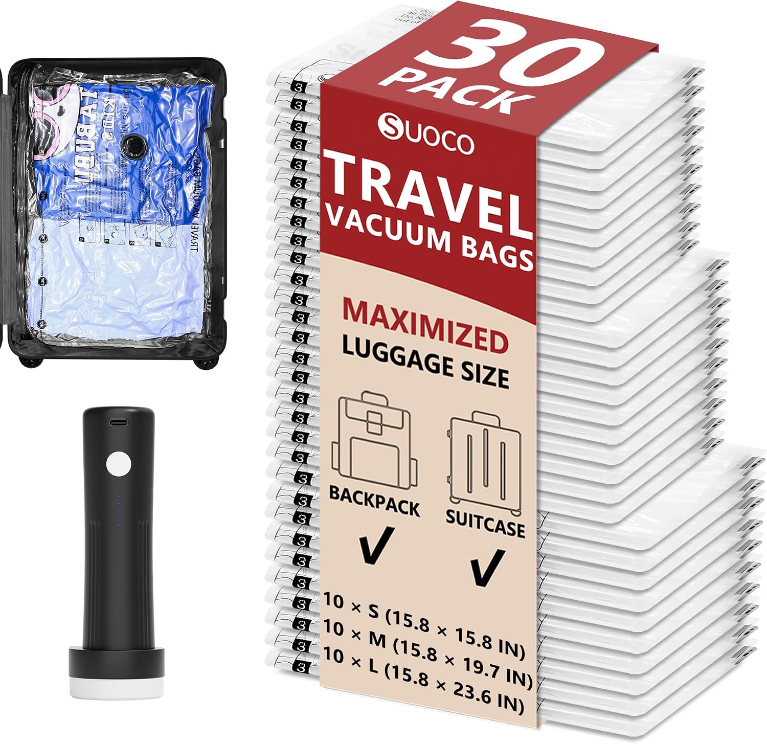 Travel Vacuum Bags for Clothing with Cordless Pump 30 Combo, Clear