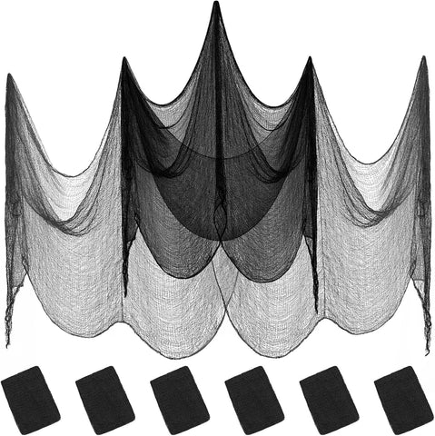 6 Pack Halloween Black Gauze Wall Decor,Outdoor Halloween Fake Spider Web Decorations Webbing,Cobwebs Mesh Spooky Fabric,30X72 in Black Cheesecloth for Haunted House Indoor Creepy Cloth Backdrop (6)