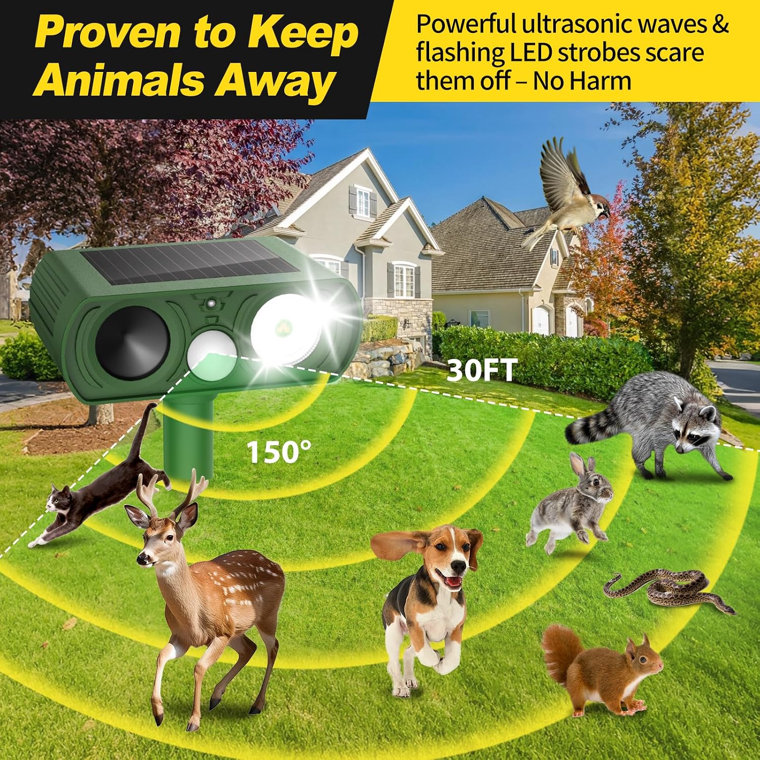 Solar Ultrasonic Animal Repellent Outdoor, Deer Repellent Devices Waterproof, Cat Squirrel Rabbit Dog Raccoon Deterrent Animal Repeller with Motion Detection, Keep Skunk Away for Yard, Green, 1 Pack