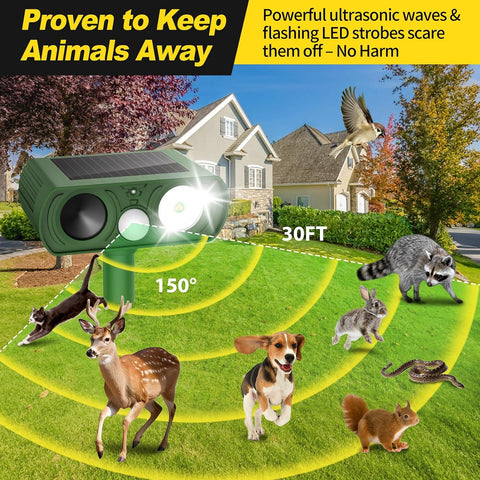 Solar Ultrasonic Animal Repellent Outdoor, Deer Repellent Devices Waterproof, Cat Squirrel Rabbit Dog Raccoon Deterrent Animal Repeller with Motion Detection, Keep Skunk Away for Yard, Green, 1 Pack