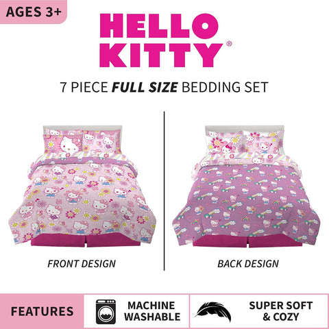 Franco Kids Bedding Super Soft Comforter and Sheet Set with Sham, 7 Piece Full Size, Hello Kitty(Prints may vary)