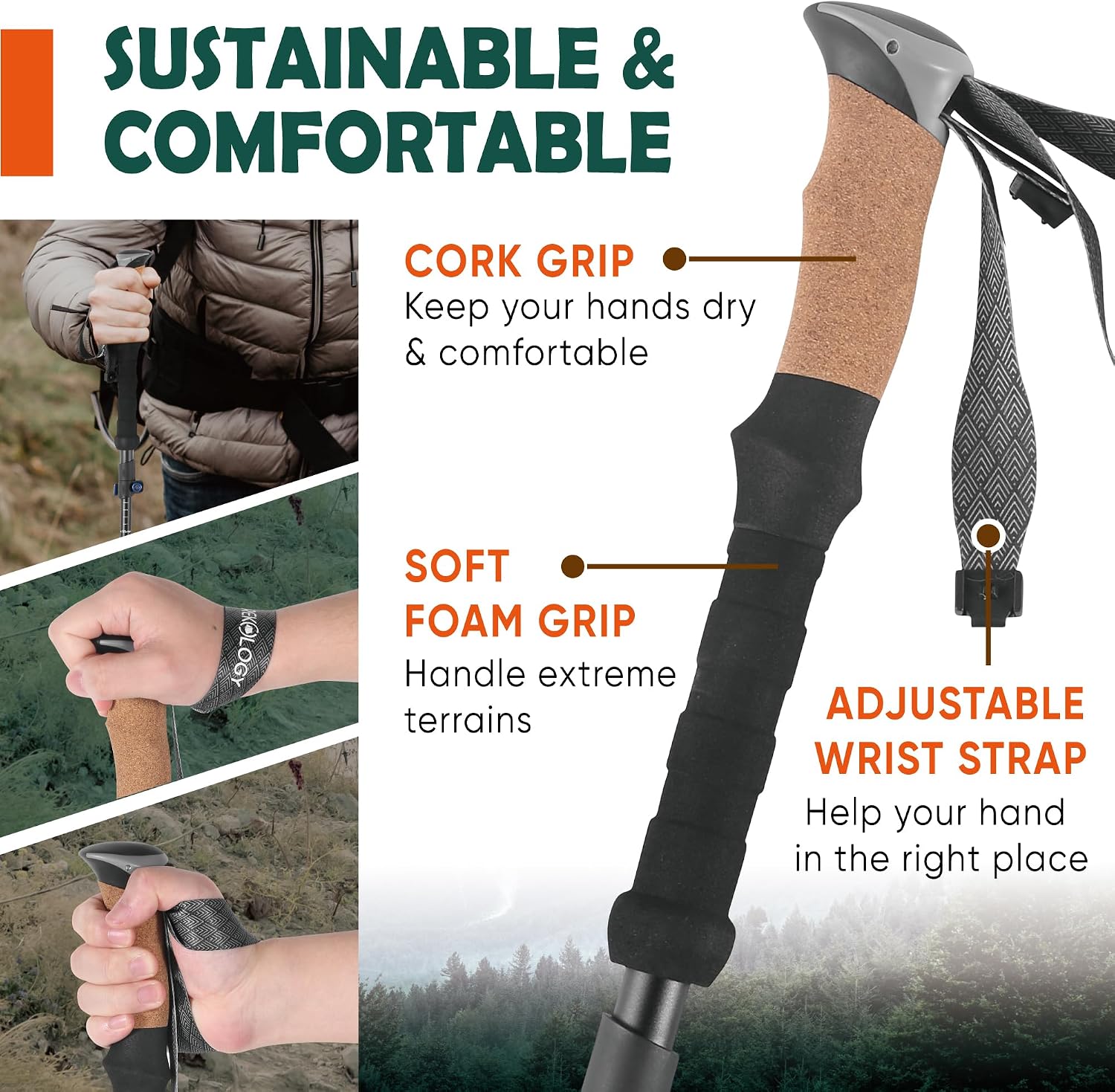 Trekology Trek-Z Cork Grip Collapsible Lightweight Hiking Trekking Poles