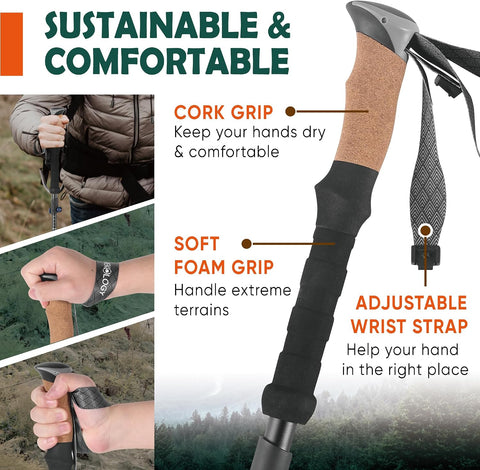 Trekology Trek-Z Cork Grip Collapsible Lightweight Hiking Trekking Poles