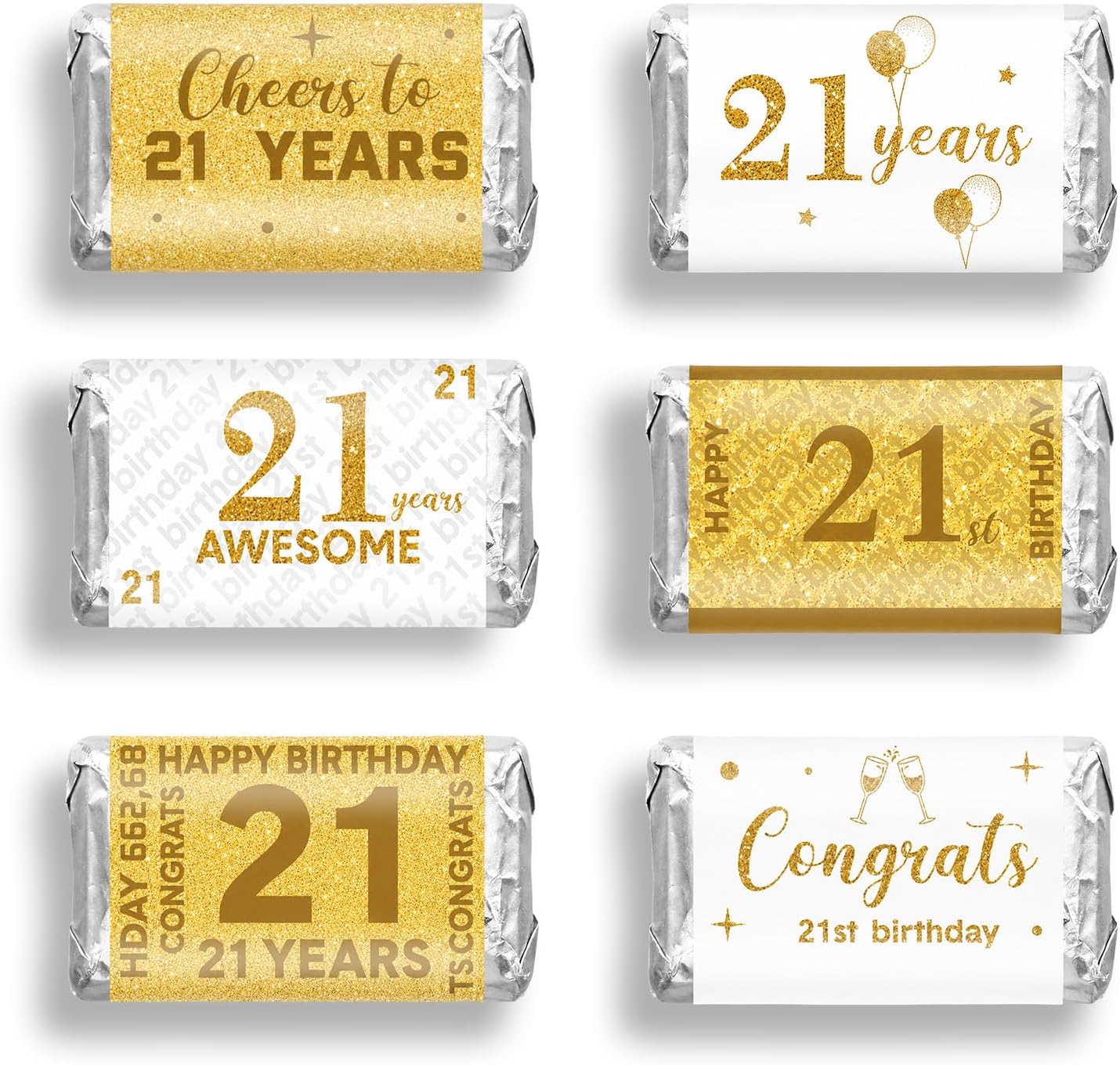 Tenare 90 Pcs 21st Birthday Candy Wrappers, White and Gold Stickers