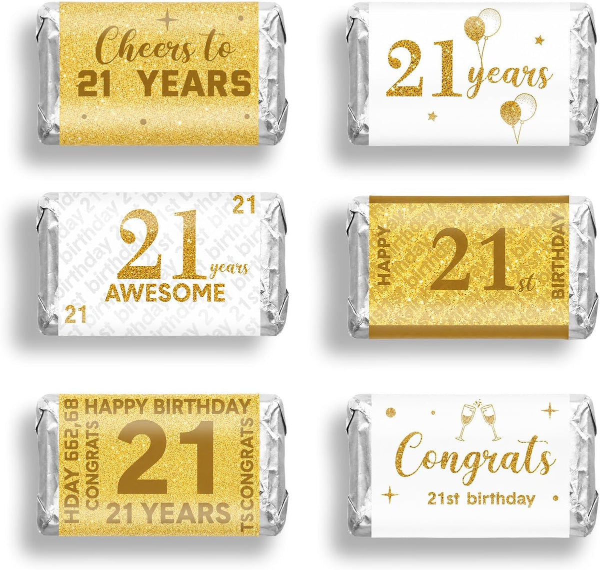 Tenare 90 Pcs 21st Birthday Candy Wrappers, White and Gold Stickers