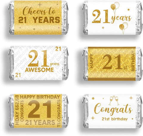 Tenare 90 Pcs 21st Birthday Candy Wrappers, White and Gold Stickers