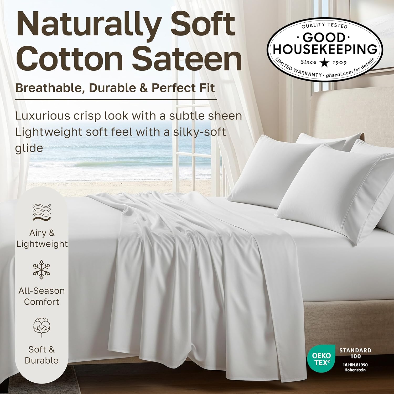 Natural 100% Cotton Sateen Twin Sheets Set, 3 Pc Set, Classic Stripe Print