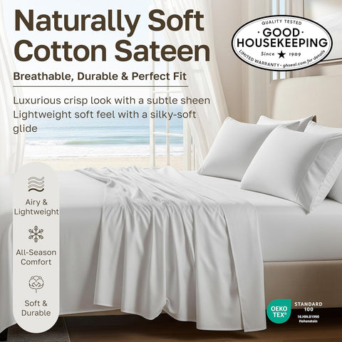 Natural 100% Cotton Sateen Twin Sheets Set, 3 Pc Set, Classic Stripe Print