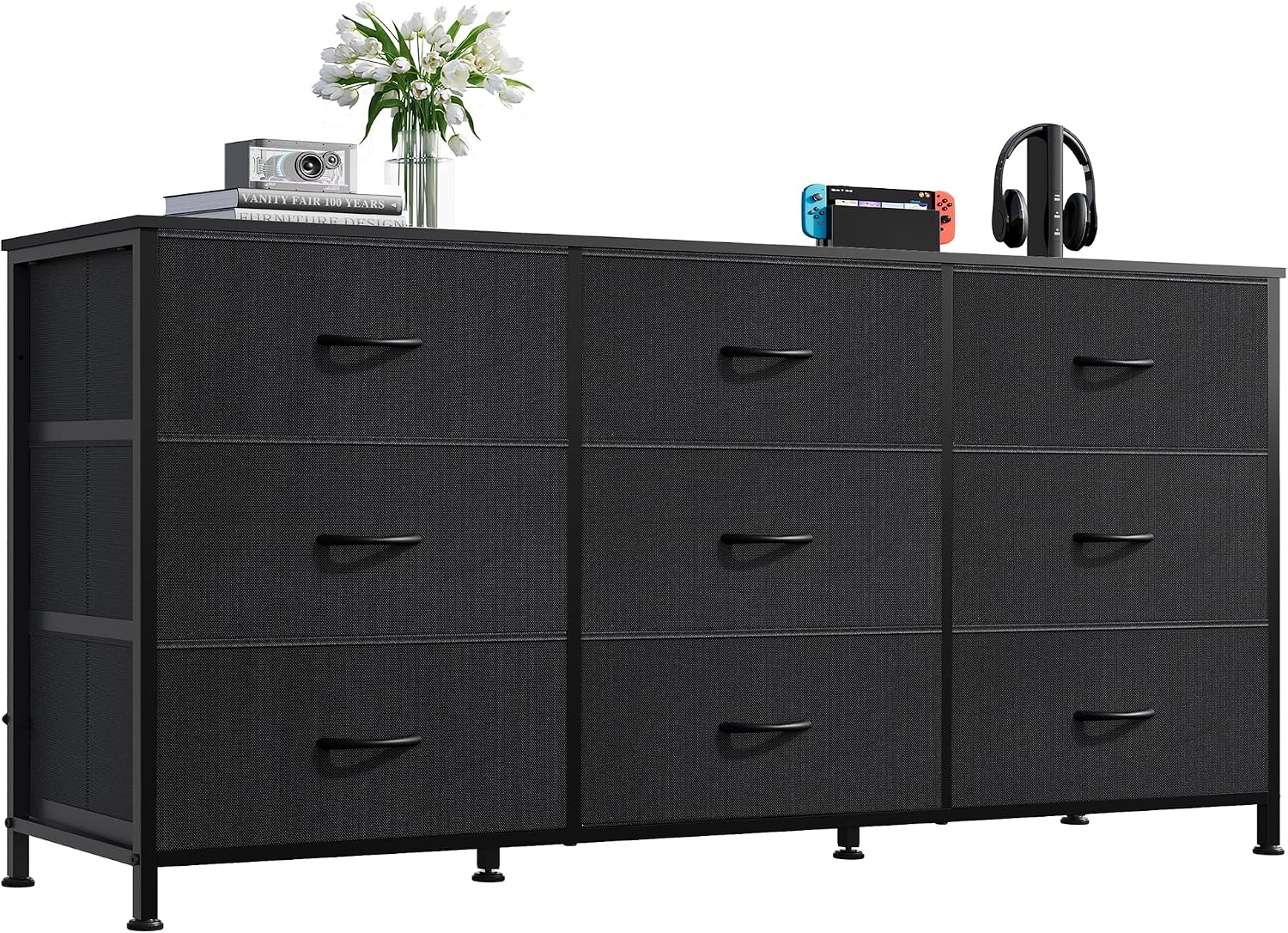 WLIVE Dresser TV Stand for 55 Inch TV, 9 Drawer Dresser for Bedroom, Black