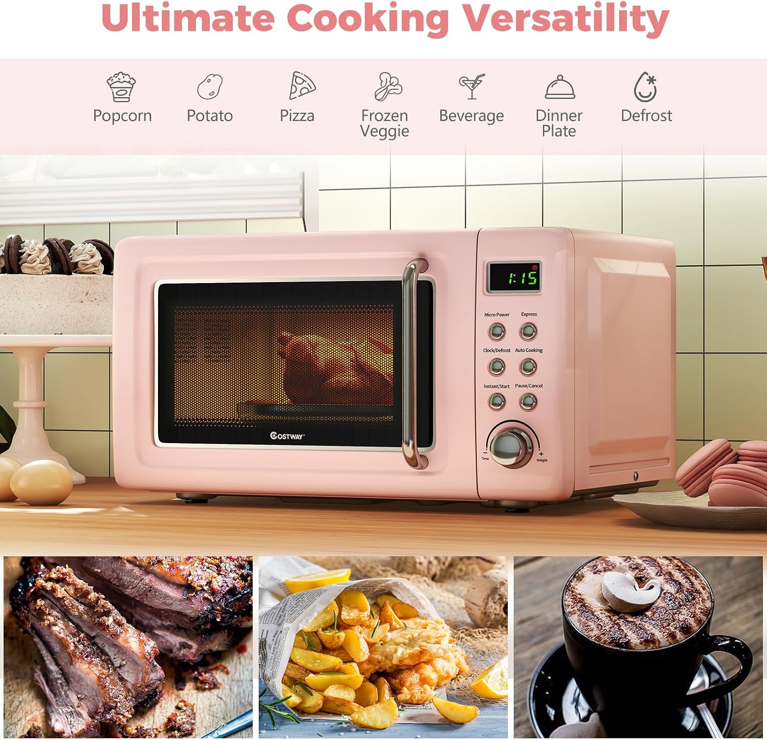 COSTWAY Small Microwave Countertop, Portable Pink Microwave 0.7 Cu.ft