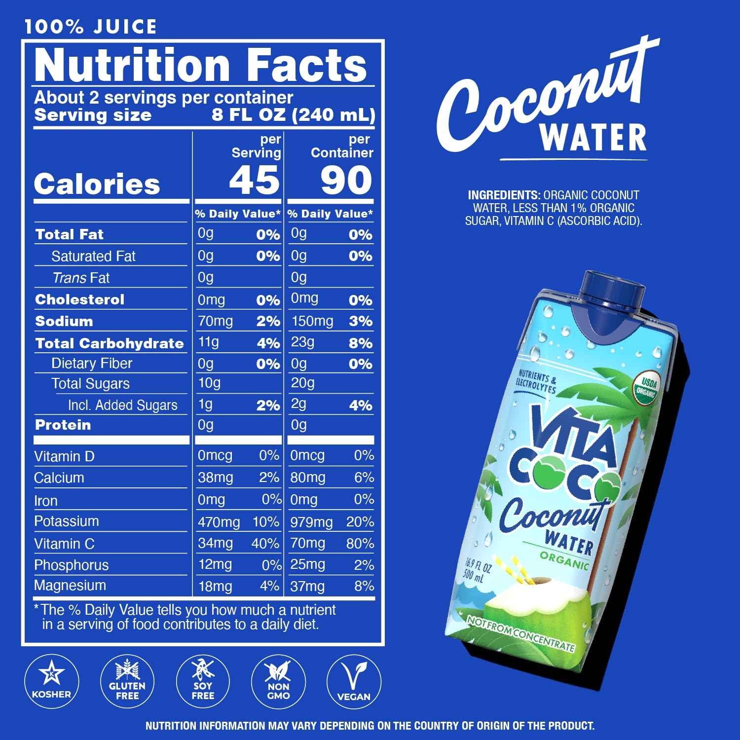 Vita Coco Organic Coconut Water, Original, 16.9 Oz (Pack of 12)